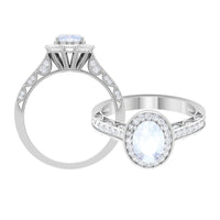 Elegant engagement ring featuring 1.50 CT moonstone and diamonds with intricate milgrain details by Rosec Jewels.