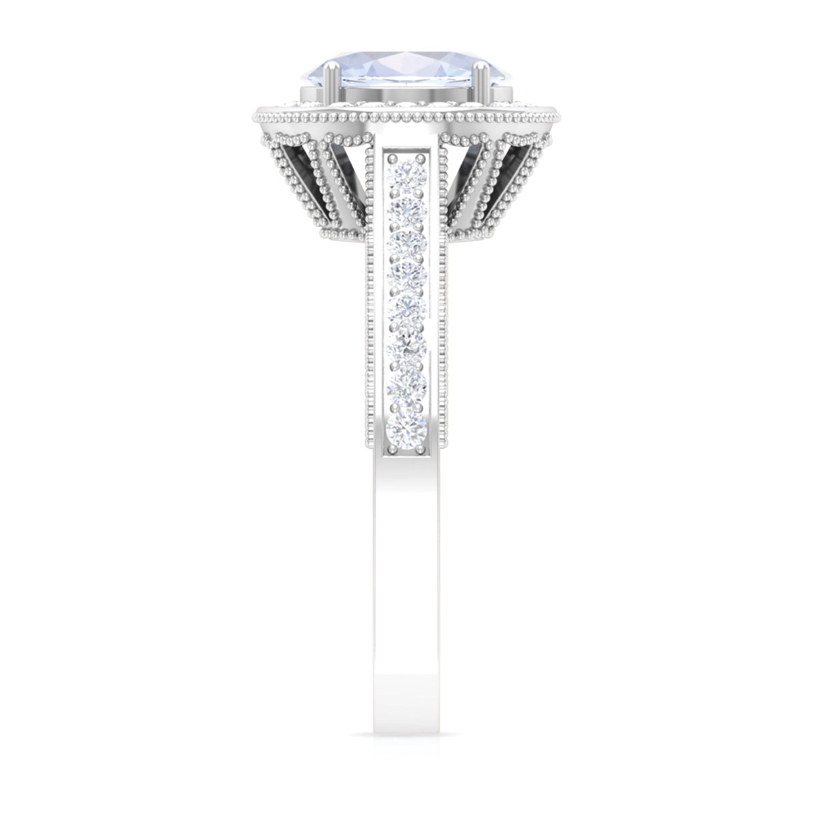 Rosec Jewels 1.50 CT moonstone and diamond engagement ring with milgrain detailing and intricate band design.