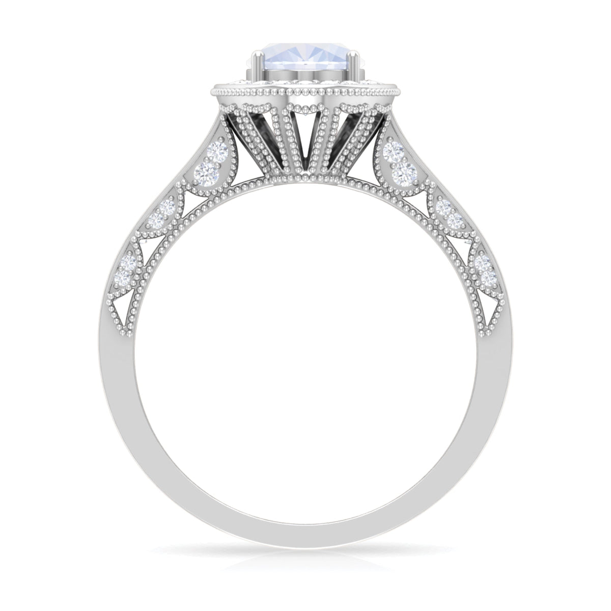 14K gold engagement ring with a 1.50 CT moonstone center stone, diamond accents, and intricate milgrain detailing by Rosec Jewels.