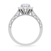 14K gold engagement ring with a 1.50 CT moonstone center stone, diamond accents, and intricate milgrain detailing by Rosec Jewels.