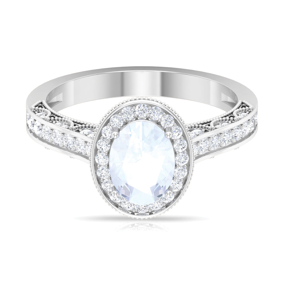 Elegant 1.50 CT moonstone and diamond engagement ring with milgrain details from Rosec Jewels, showcasing intricate craftsmanship.