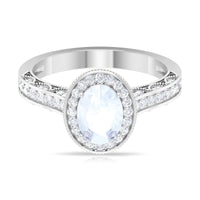 Elegant 1.50 CT moonstone and diamond engagement ring with milgrain details from Rosec Jewels, showcasing intricate craftsmanship.