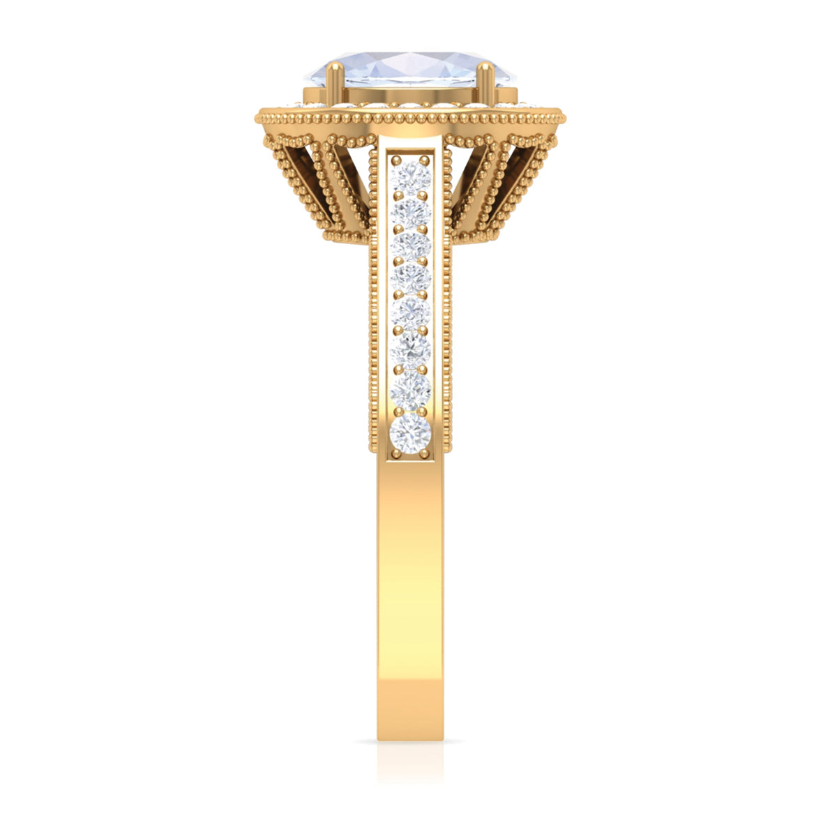 Rosec Jewels 1.50 CT moonstone and diamond engagement ring with milgrain detailing, showcasing intricate design and sparkling gemstones.