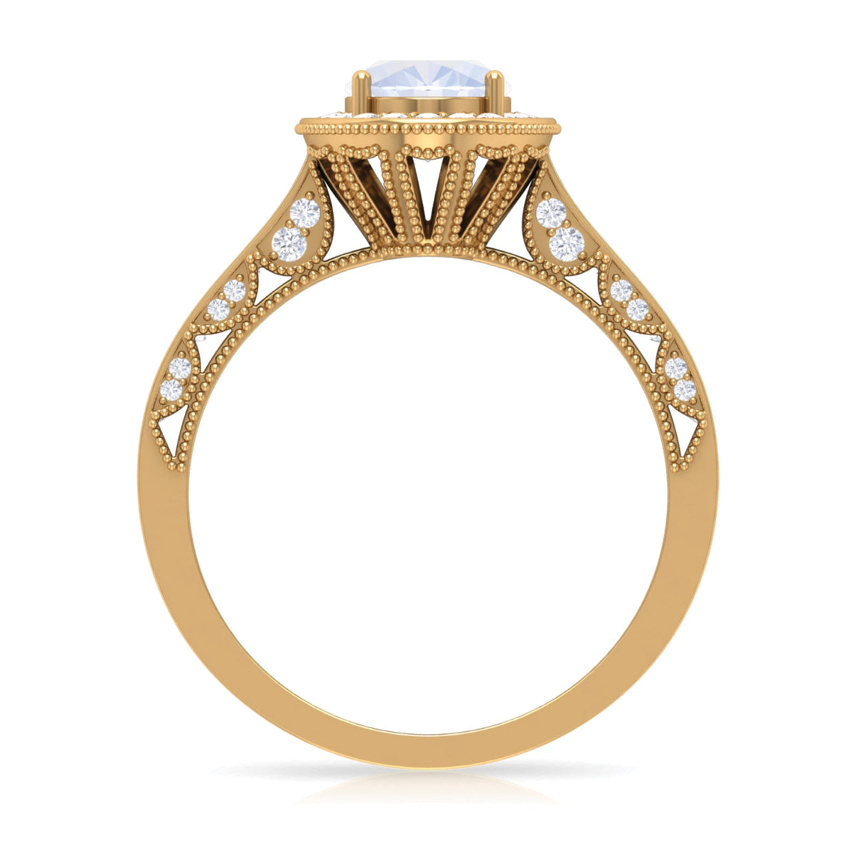 Rosec Jewels 1.50 CT moonstone and diamond engagement ring with milgrain details, showcasing intricate craftsmanship and elegant design.