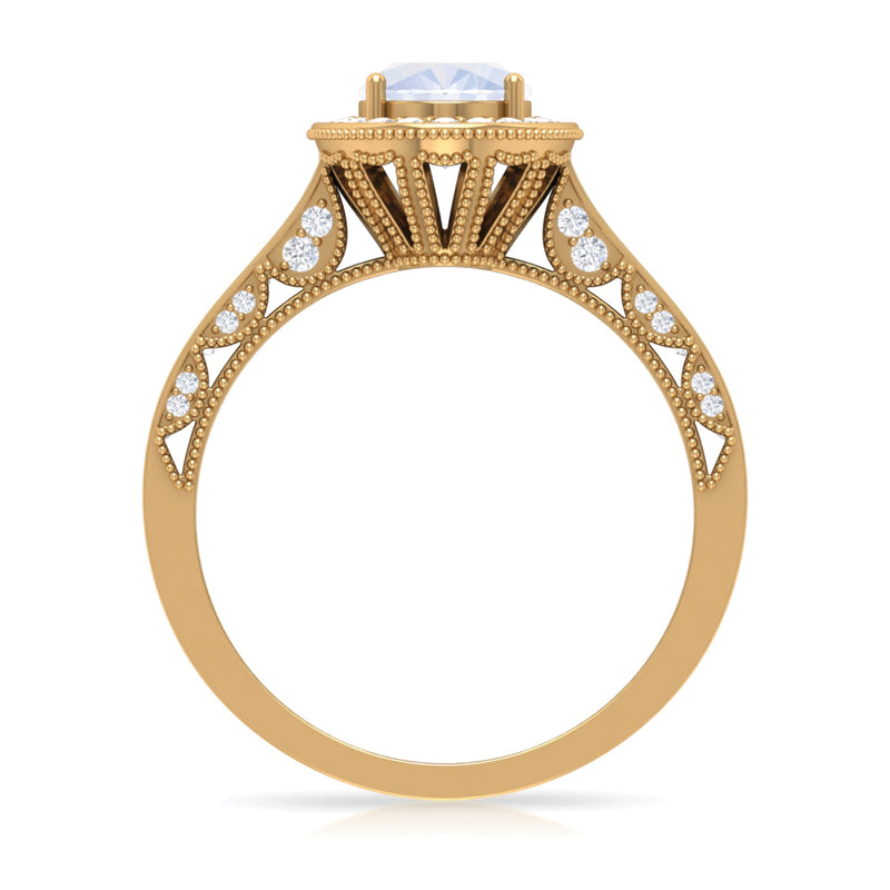 Rosec Jewels 1.50 CT moonstone and diamond engagement ring with milgrain details, showcasing intricate craftsmanship and elegant design.