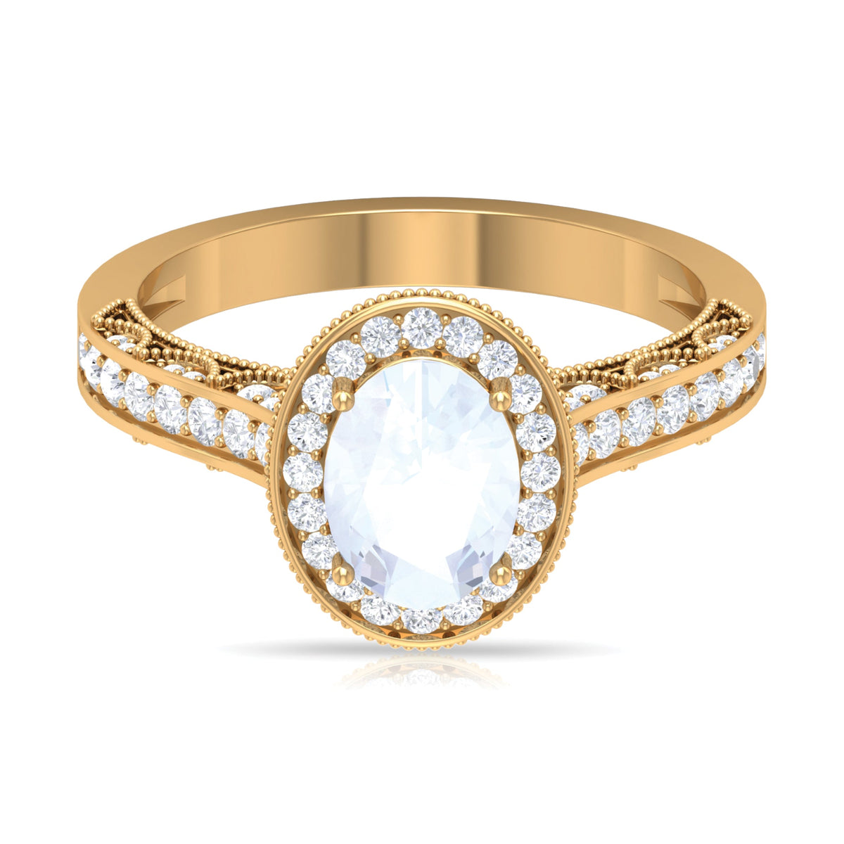 Rosec Jewels 1.50 CT moonstone and diamond engagement ring with intricate milgrain detailing and elegant band design.