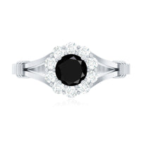 5mm Black Onyx Floral Engagement Ring with Diamond Halo