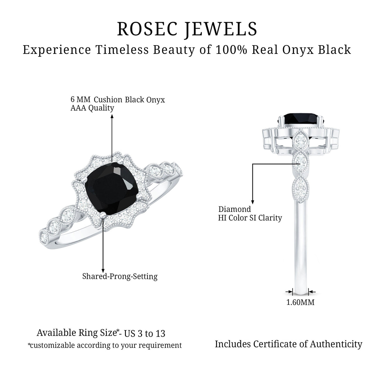 Vintage Inspired Black Onyx and Diamond Halo Engagement Ring