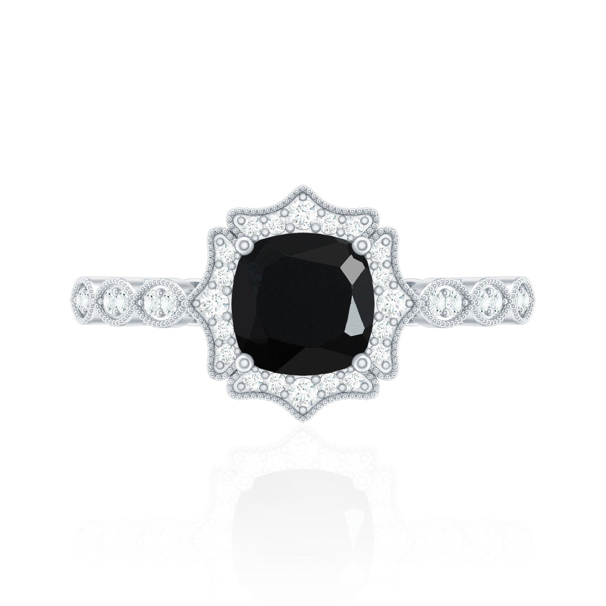 Vintage Inspired Black Onyx and Diamond Halo Engagement Ring