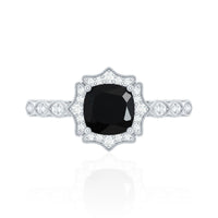Vintage Inspired Black Onyx and Diamond Halo Engagement Ring