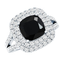 Vintage Style Cushion Cut Black Onyx and Diamond Double Halo Engagement Ring
