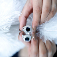 Vintage Style Cushion Cut Black Onyx and Diamond Double Halo Engagement Ring