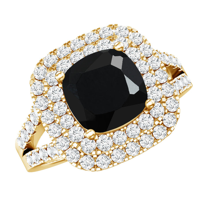 Vintage style cushion cut black onyx and diamond double halo engagement ring by Rosec Jewels, showcasing intricate design details.