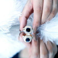 Vintage Style Cushion Cut Black Onyx and Diamond Double Halo Engagement Ring