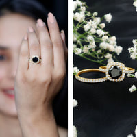 Natural Black Spinel Wedding Bridal Ring Set with Moissanite