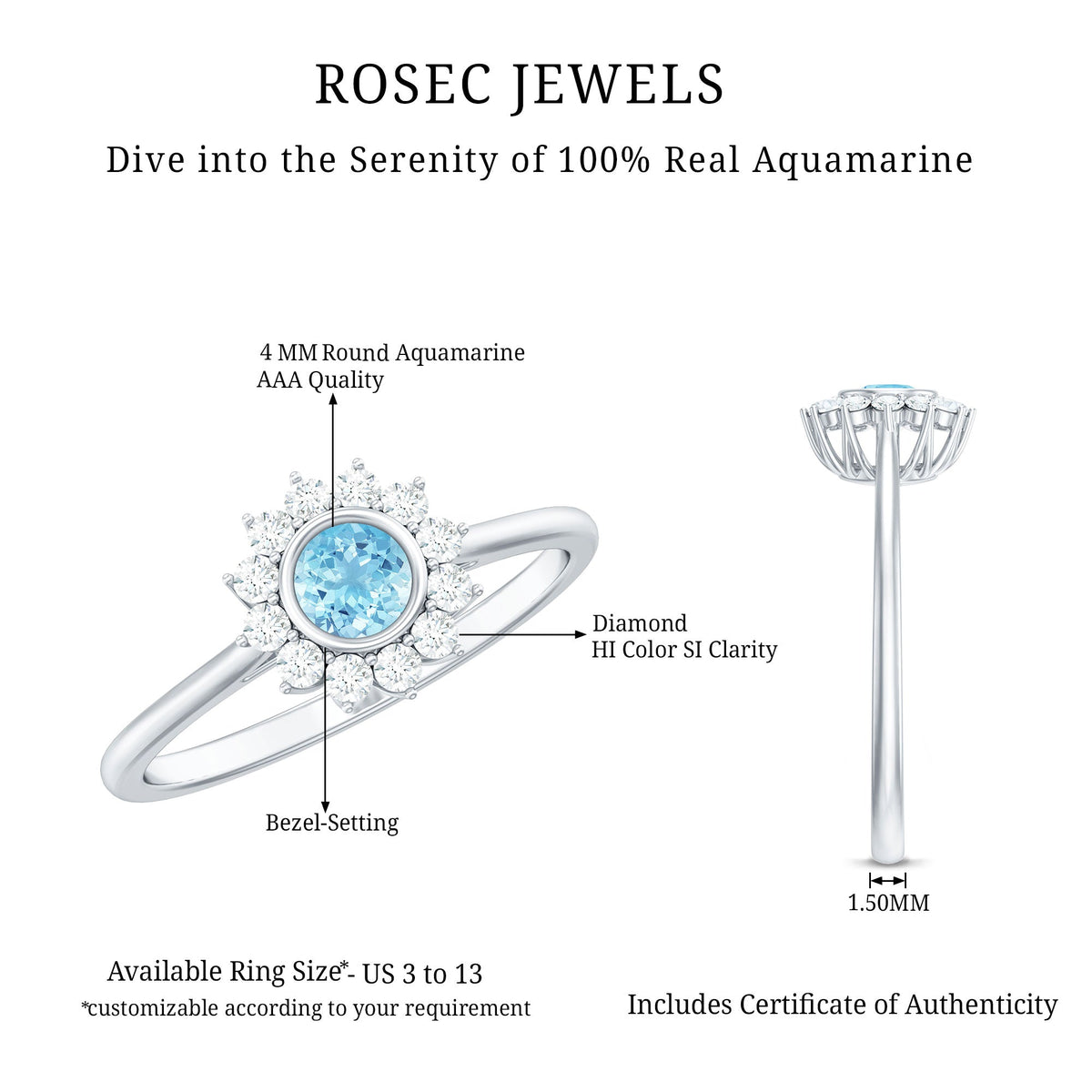 Real aquamarine and diamond halo promise ring by Rosec Jewels, featuring a round aquamarine center stone with diamond accents.