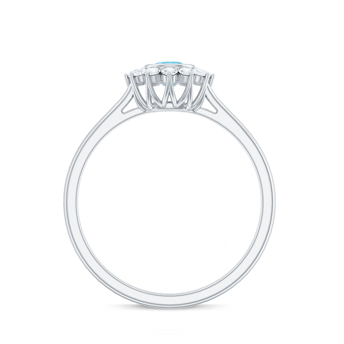 Round aquamarine and diamond halo promise ring from Rosec Jewels featuring a central aquamarine gemstone surrounded by sparkling diamonds.