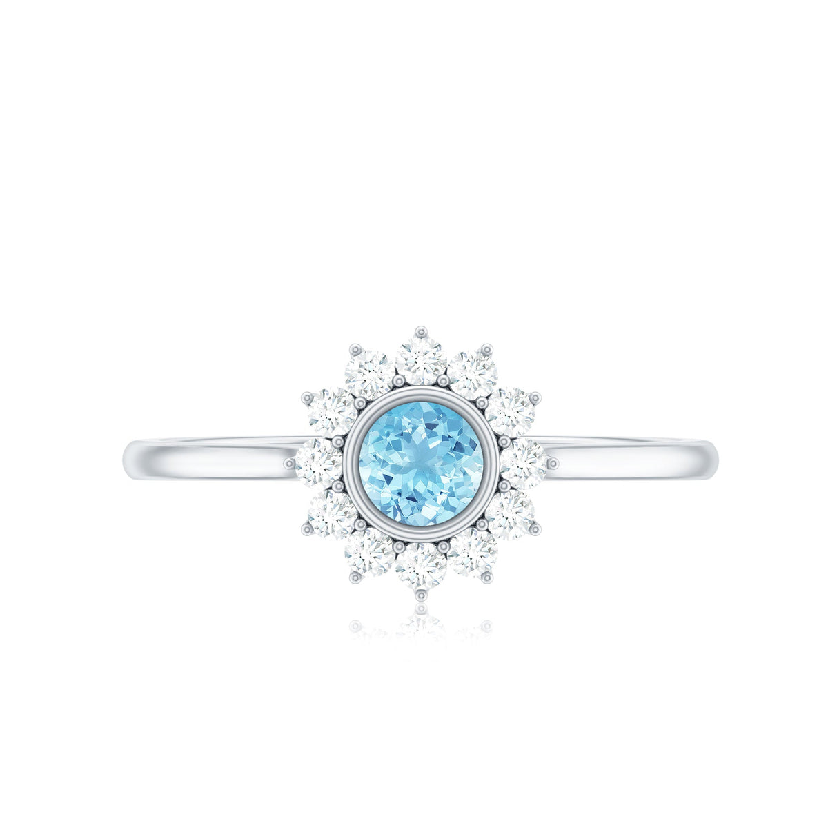 Round aquamarine and diamond halo promise ring by Rosec Jewels, showcasing a central aquamarine with surrounding diamond accents.