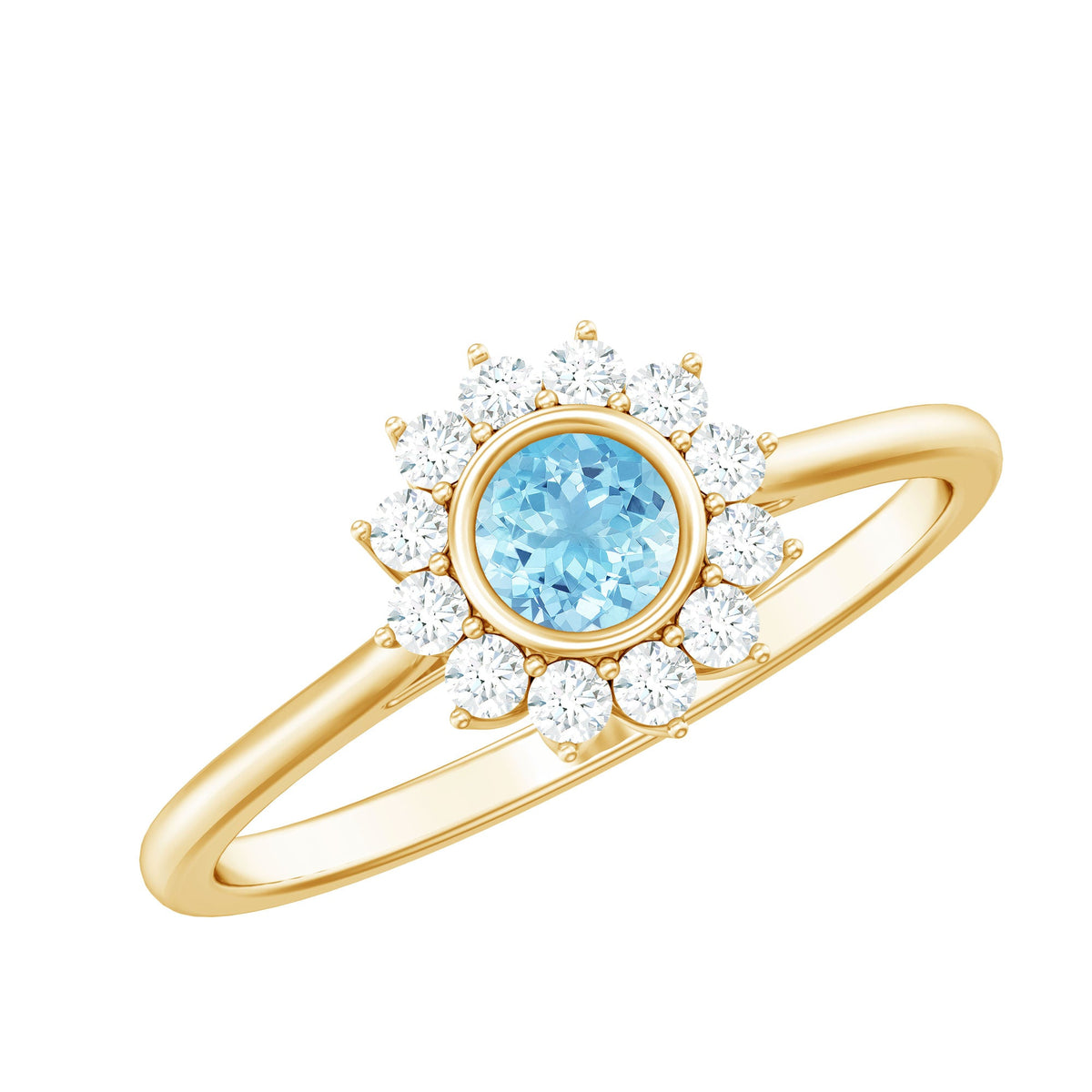 Round aquamarine and diamond halo promise ring by Rosec Jewels, featuring a sparkling aquamarine center stone with surrounding diamonds.