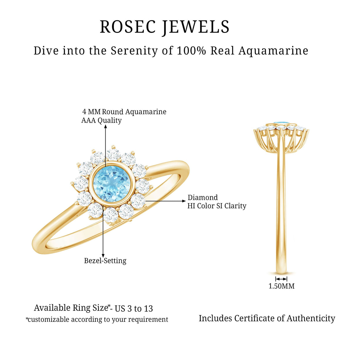 Round aquamarine and diamond halo promise ring by Rosec Jewels featuring a central aquamarine gemstone surrounded by sparkling diamonds.