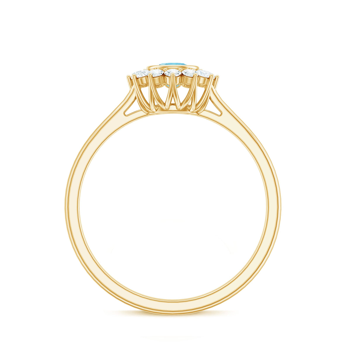 Real round aquamarine and diamond halo promise ring by Rosec Jewels, featuring a central aquamarine gemstone surrounded by sparkling diamonds.