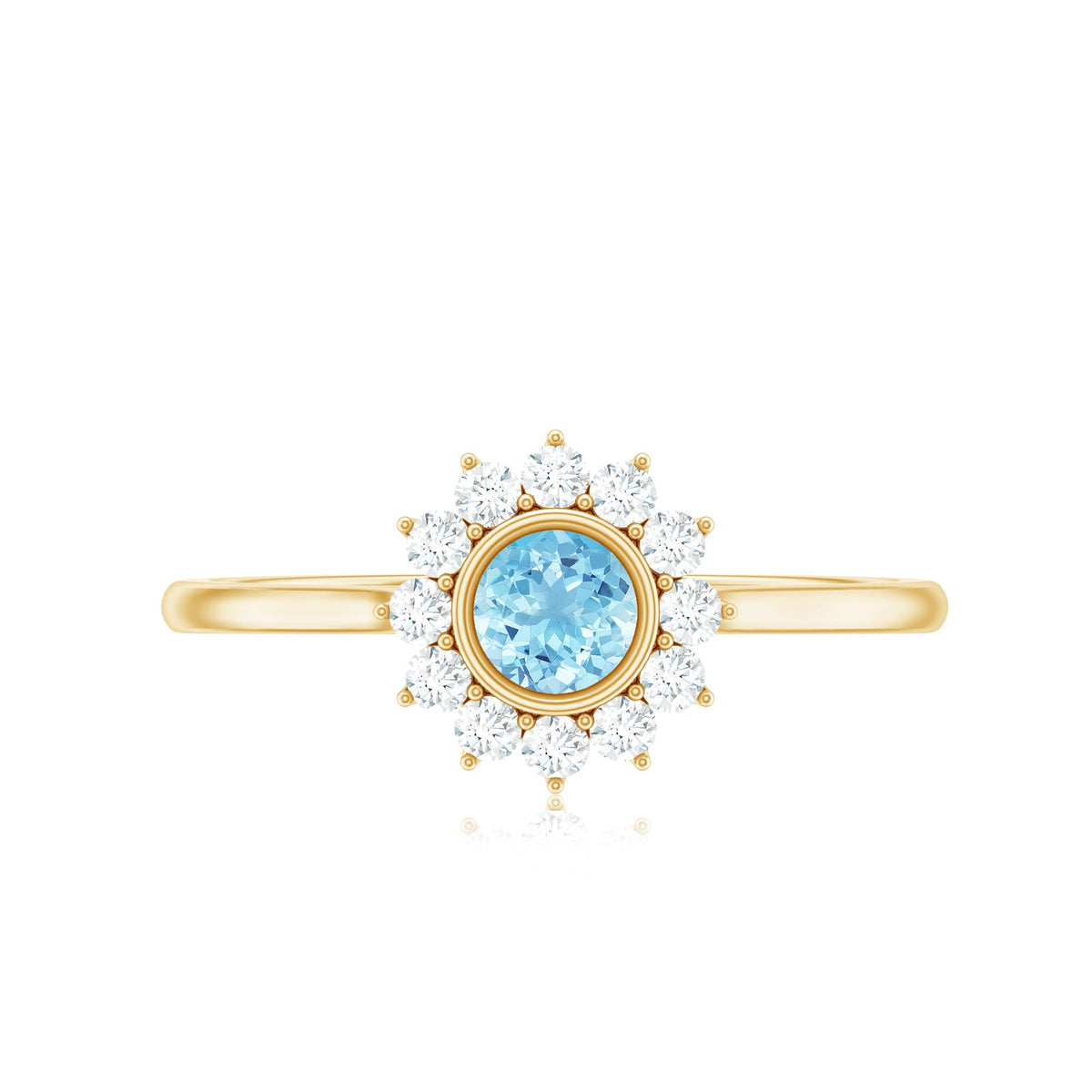 Round aquamarine and diamond halo promise ring by Rosec Jewels featuring a central aquamarine gemstone with surrounding diamonds in a silver band.