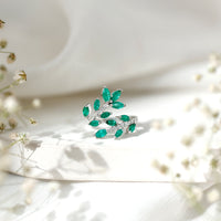 Natural Emerald and Diamond Leaf Wrap Ring