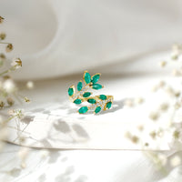 Natural Emerald and Diamond Leaf Wrap Ring