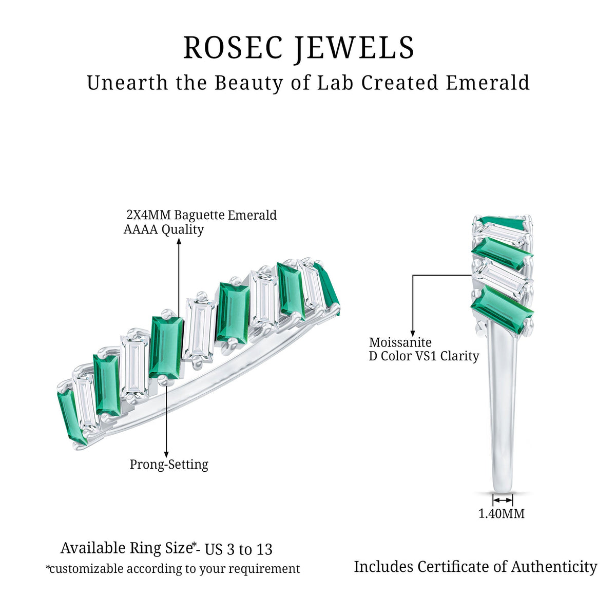 Certified Baguette Lab Grown Emerald Wedding Anniversary Band Ring