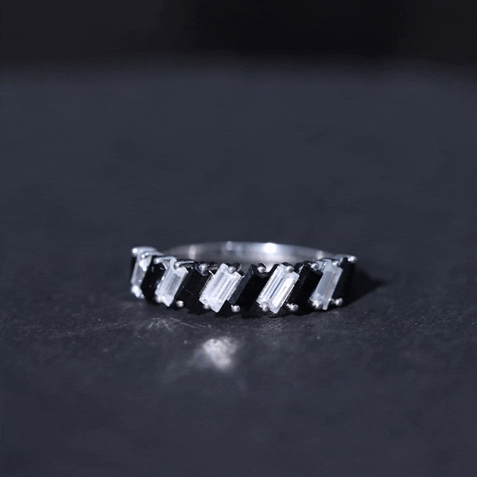 Yellow gold Baguette Cut Black Onyx and Moissanite tilt eternity ring featuring alternating stones from Rosec Jewels.
