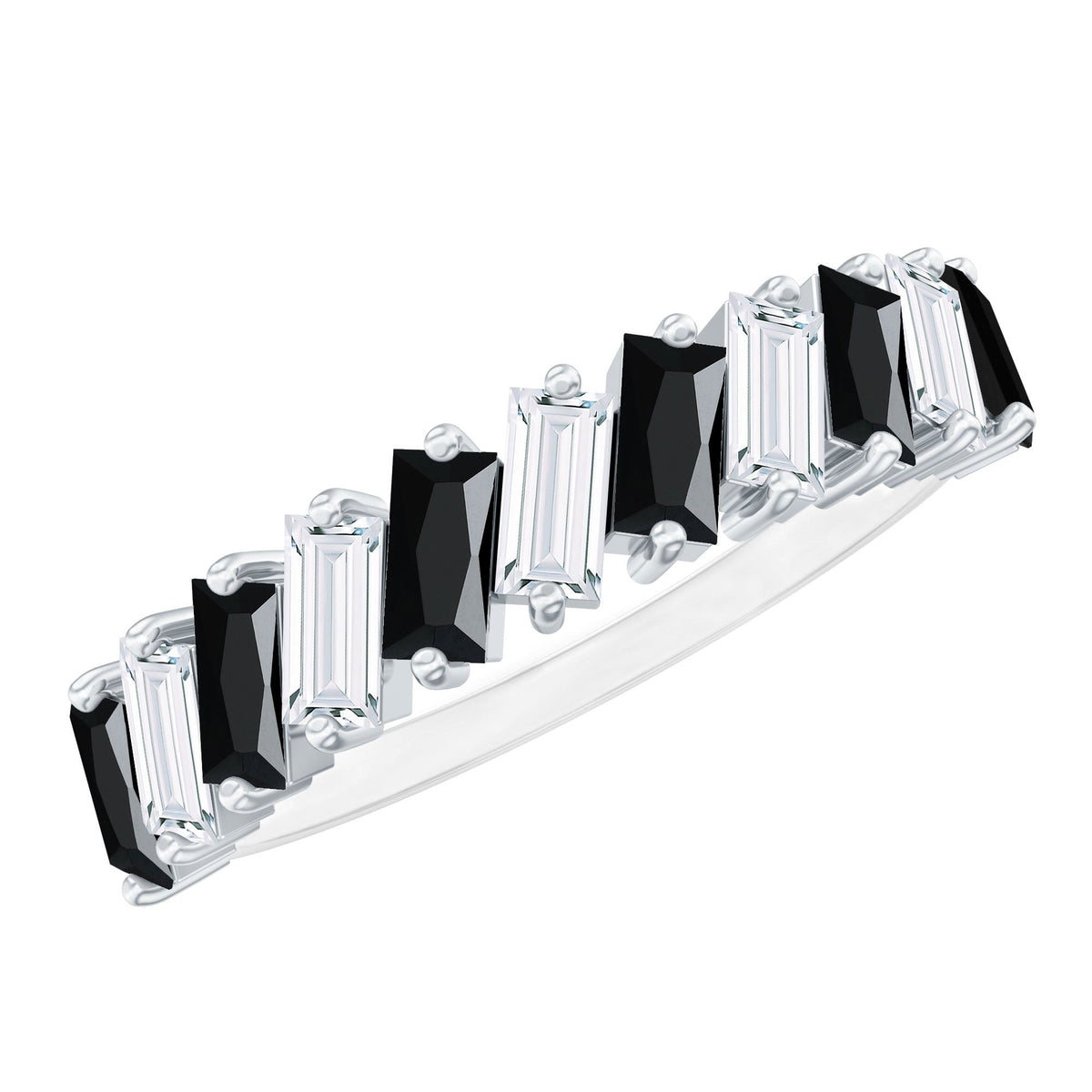 Baguette Cut Black Onyx and Moissanite Tilted Half Eternity Ring