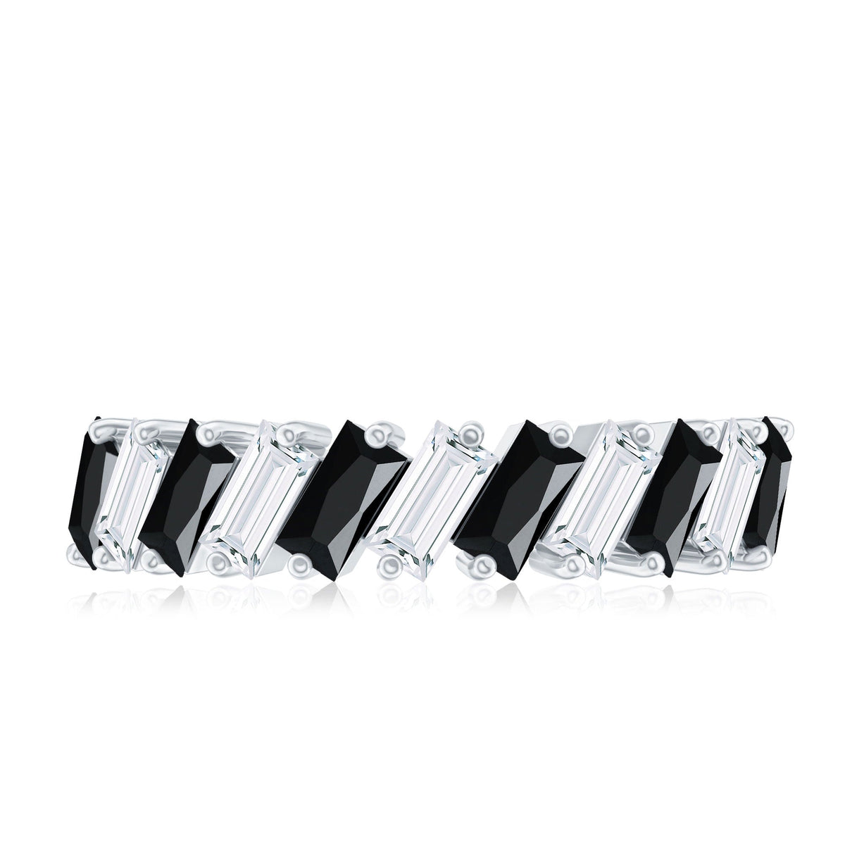Baguette Cut Black Onyx and Moissanite Tilted Half Eternity Ring
