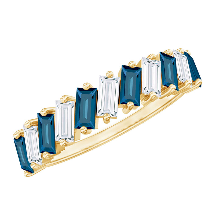 London Blue Topaz and Moissanite Baguette Eternity Ring by Rosec Jewels featuring a sparkling band of blue topaz and moissanite gemstones.
