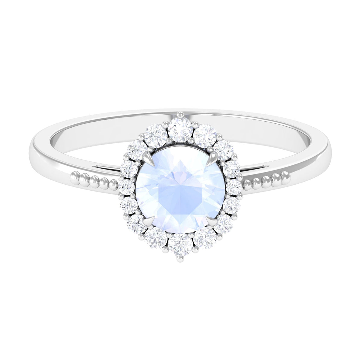 3/4 carat natural moonstone engagement ring with diamond accents from Rosec Jewels, showcasing a shimmering moonstone and delicate band.