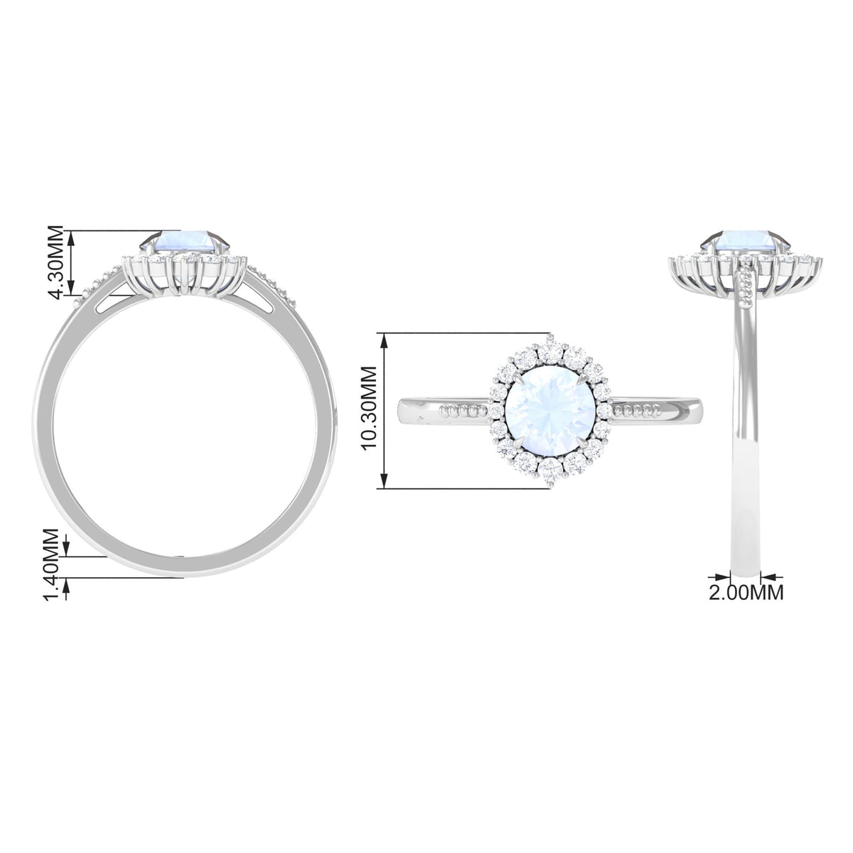 3/4 CT natural moonstone engagement ring with diamond accents by Rosec Jewels, showcasing a shimmering moonstone centerpiece and elegant band.