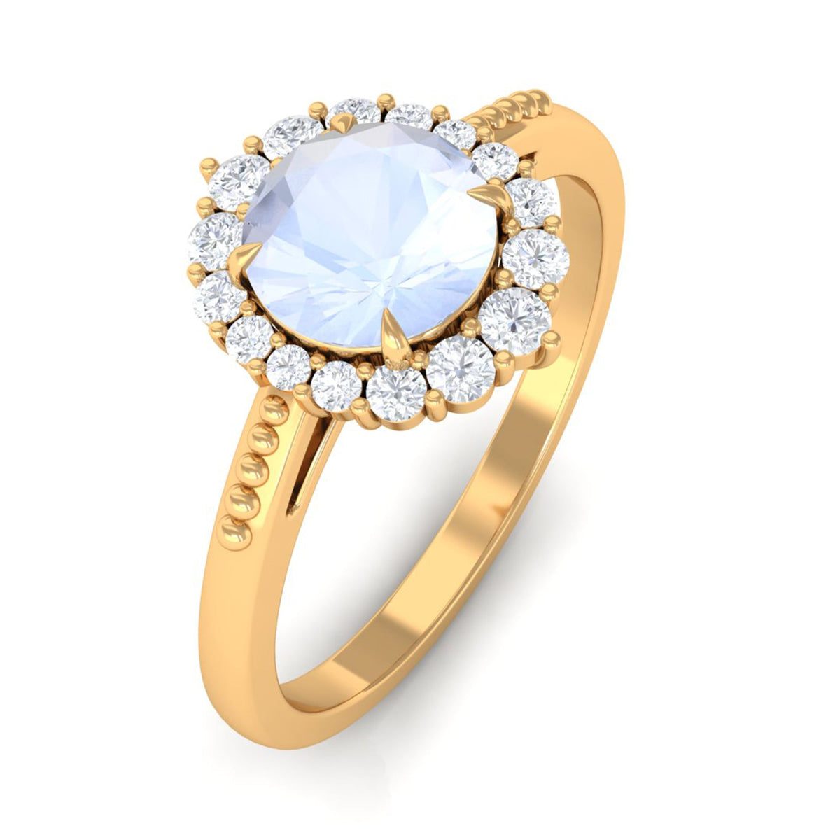 Rosec Jewels 3/4 CT natural moonstone engagement ring with diamond accent, showcasing a polished moonstone and sparkling side stones.