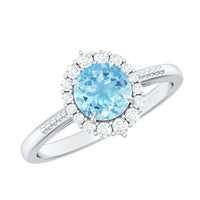Natural 6mm aquamarine halo engagement ring with diamond accents from Rosec Jewels, showcasing intricate design and sparkling gemstones.
