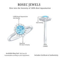 Natural 6mm aquamarine halo engagement ring with diamond accents by Rosec Jewels, featuring a silver band and detailed craftsmanship.