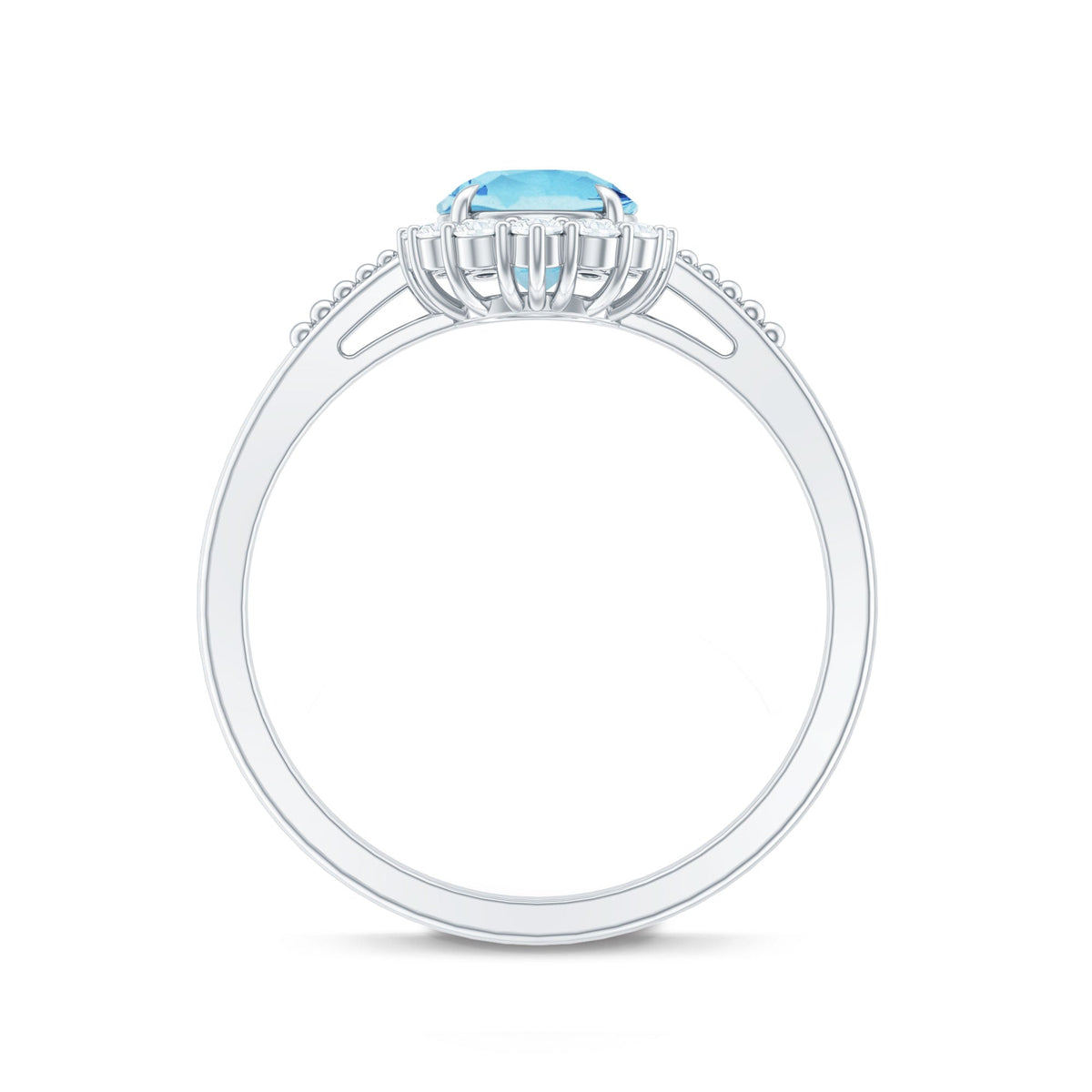 Natural 6mm aquamarine halo engagement ring with diamonds by Rosec Jewels, showcasing the detailed gemstone and elegant design.