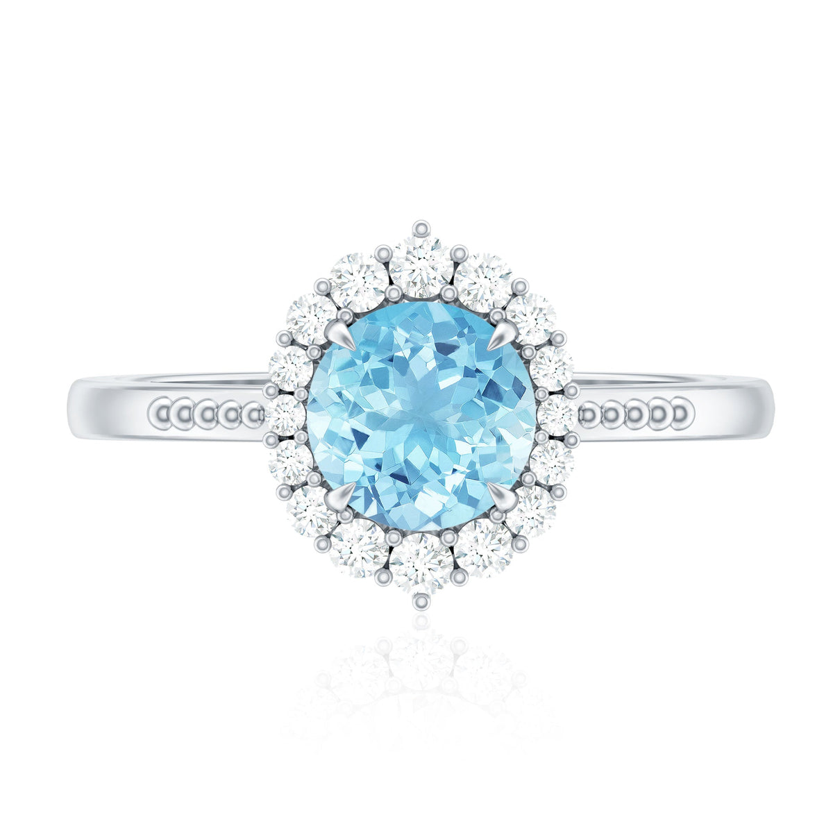 Natural 6mm aquamarine halo engagement ring with diamonds by Rosec Jewels, featuring a central aquamarine gemstone surrounded by a diamond halo.