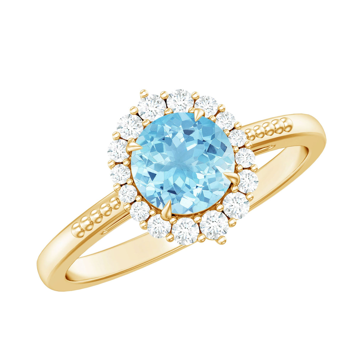Natural 6mm aquamarine halo engagement ring with diamond accents by Rosec Jewels, showcasing the elegant gemstone setting.