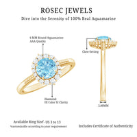 Natural 6mm aquamarine halo engagement ring with diamond accents from Rosec Jewels, showcasing the detailed design and gemstone setting.