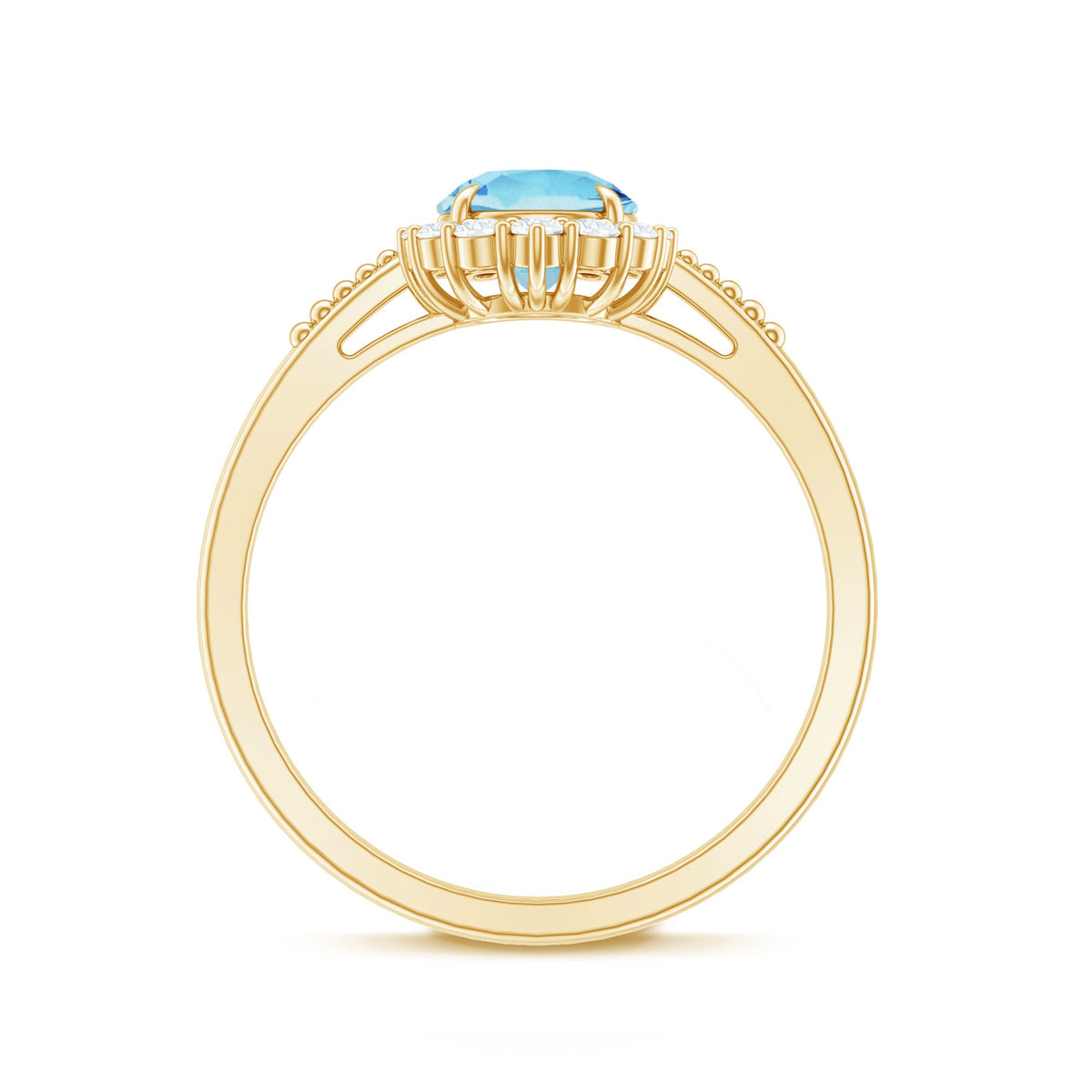 Natural 6mm aquamarine halo engagement ring with diamond accents from Rosec Jewels, featuring a detailed silver band.