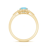 Natural 6mm aquamarine halo engagement ring with diamond accents from Rosec Jewels, featuring a detailed silver band.