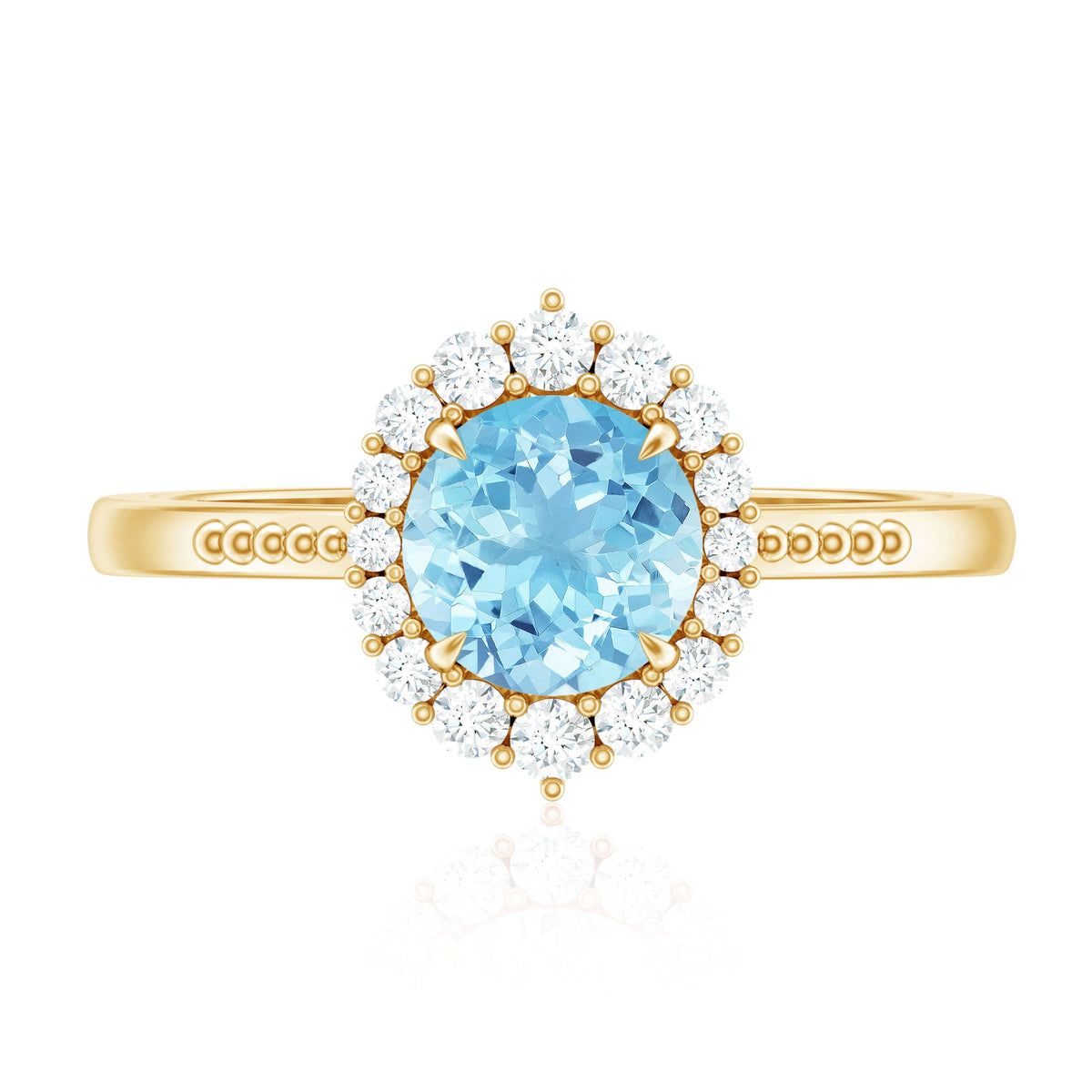 Natural 6mm aquamarine halo engagement ring with diamonds by Rosec Jewels, featuring a central aquamarine gemstone and diamond accents.