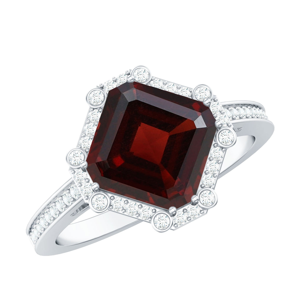 Natural 8mm Asscher Cut Garnet Engagement Ring with Diamond Halo