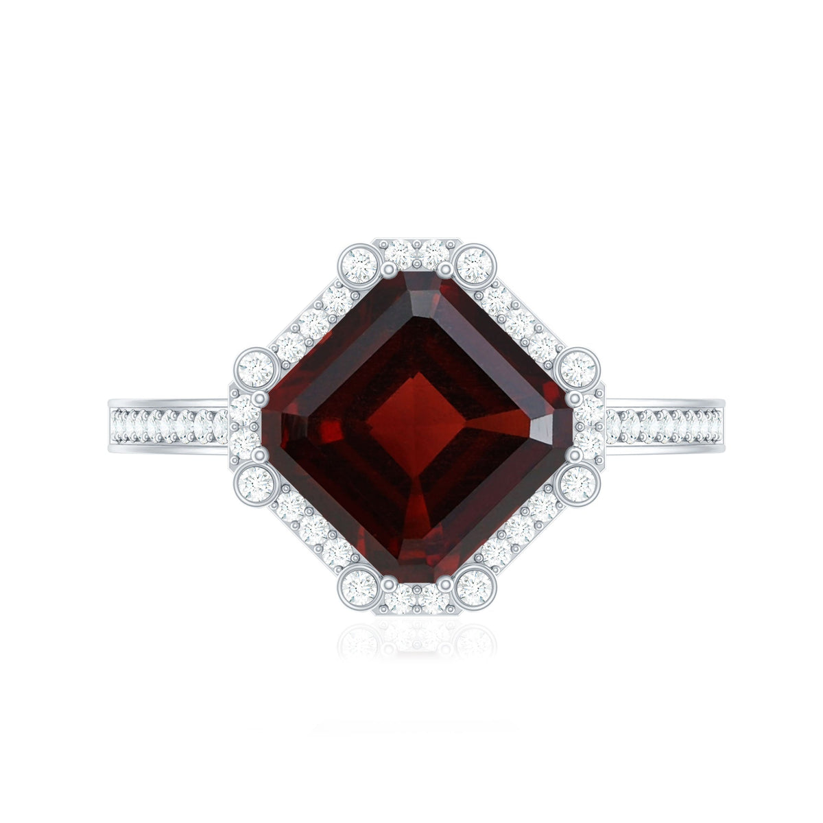 Natural 8mm Asscher Cut Garnet Engagement Ring with Diamond Halo