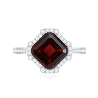 Natural 8mm Asscher Cut Garnet Engagement Ring with Diamond Halo