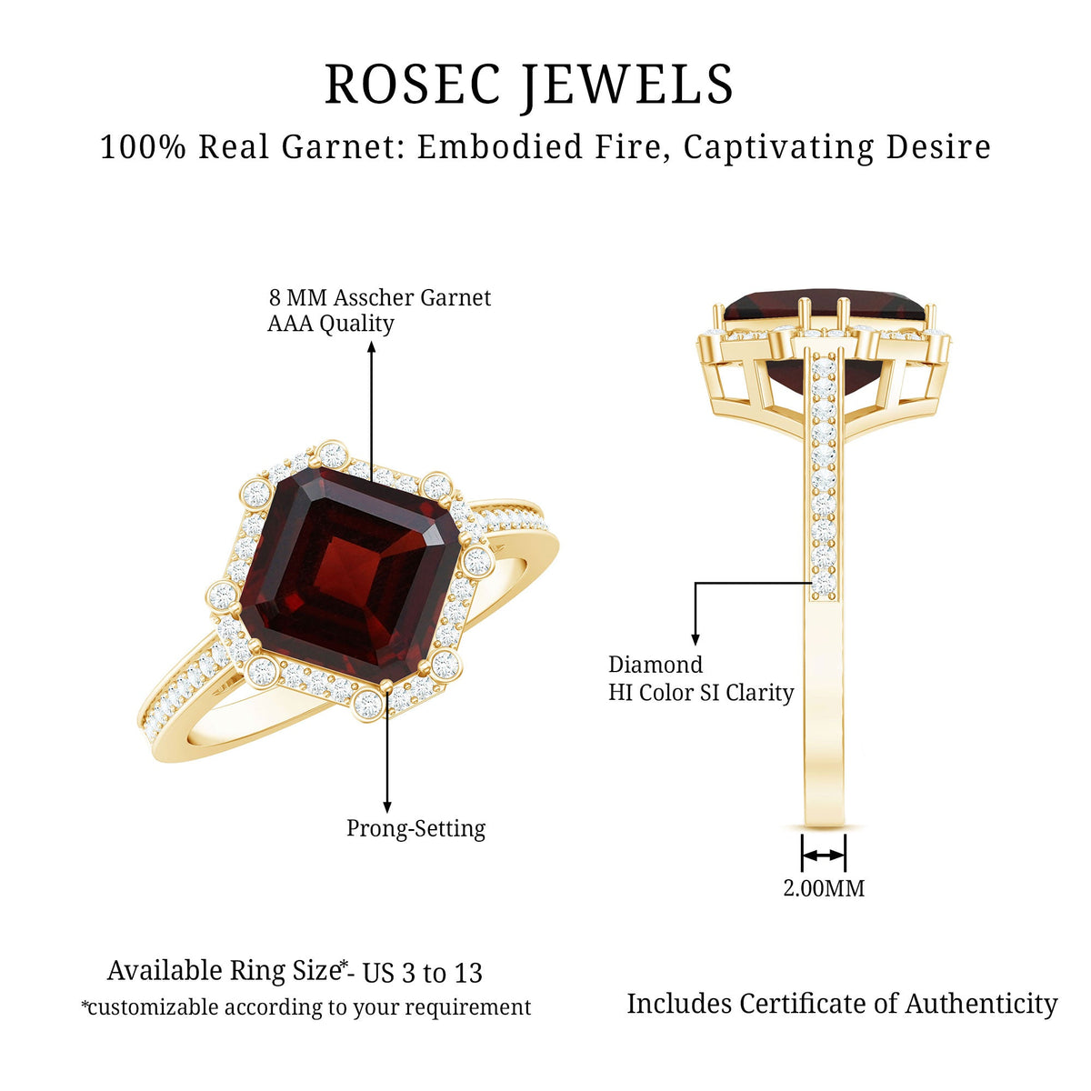 Natural 8mm Asscher Cut Garnet Engagement Ring with Diamond Halo