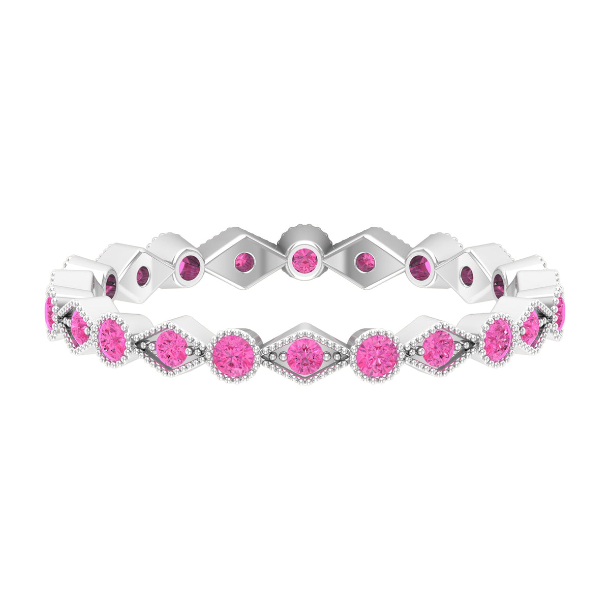 Pink sapphire stackable eternity ring with beaded shank from Rosec Jewels, featuring vibrant pink sapphires set in a delicate band.